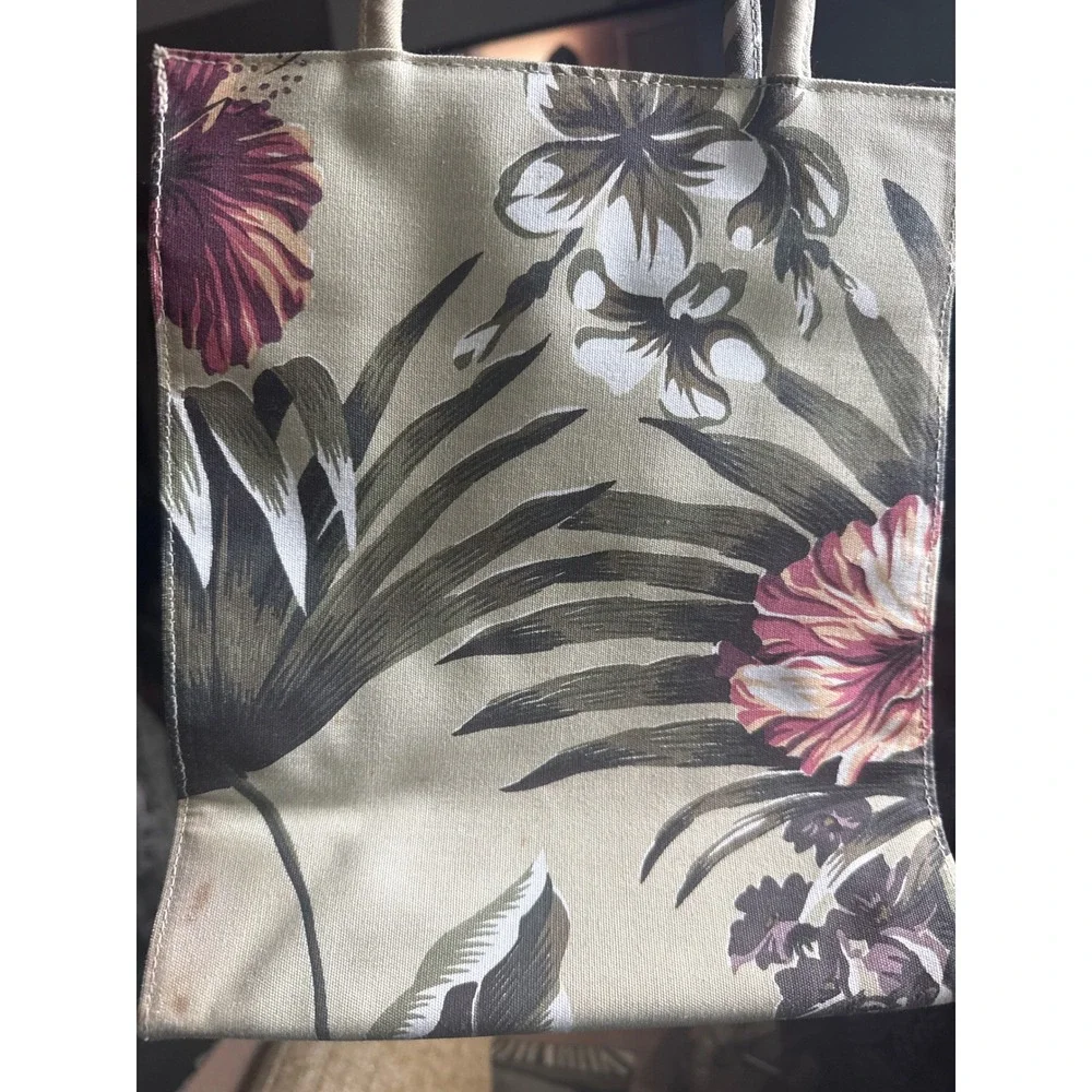 Sunny‎ Hawaii Tropical Floral Hibiscus Canvas Tote Handbag Tan Green Pink